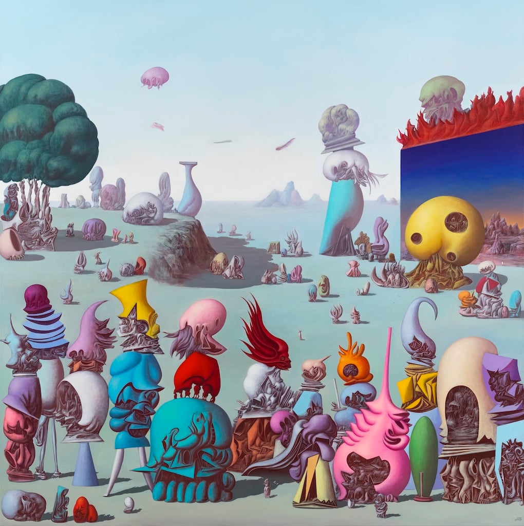 王梵僧｜巨人島上的宴會 布面丙烯 180×180cm 2025（貝浩登提供）