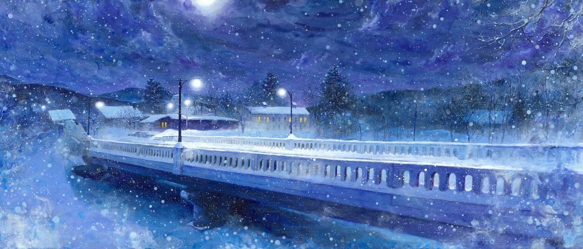 林葆靈（Lin Baoling）｜雪夜藍調（Blues of a Snowy Night） 壓克力、雲母粉與亮粉、製圖膠片 61 × 142.5 cm 2025年作