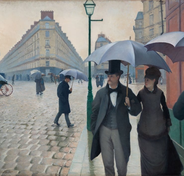 010 古斯塔夫·卡耶博特《巴黎街景：雨天》（Paris Street; Rainy Day），1867，油彩畫布，212.2×276.2公分，芝加哥藝術博物館（Art Institute of Chicago）藏。引自芝加哥藝術博物館典藏…