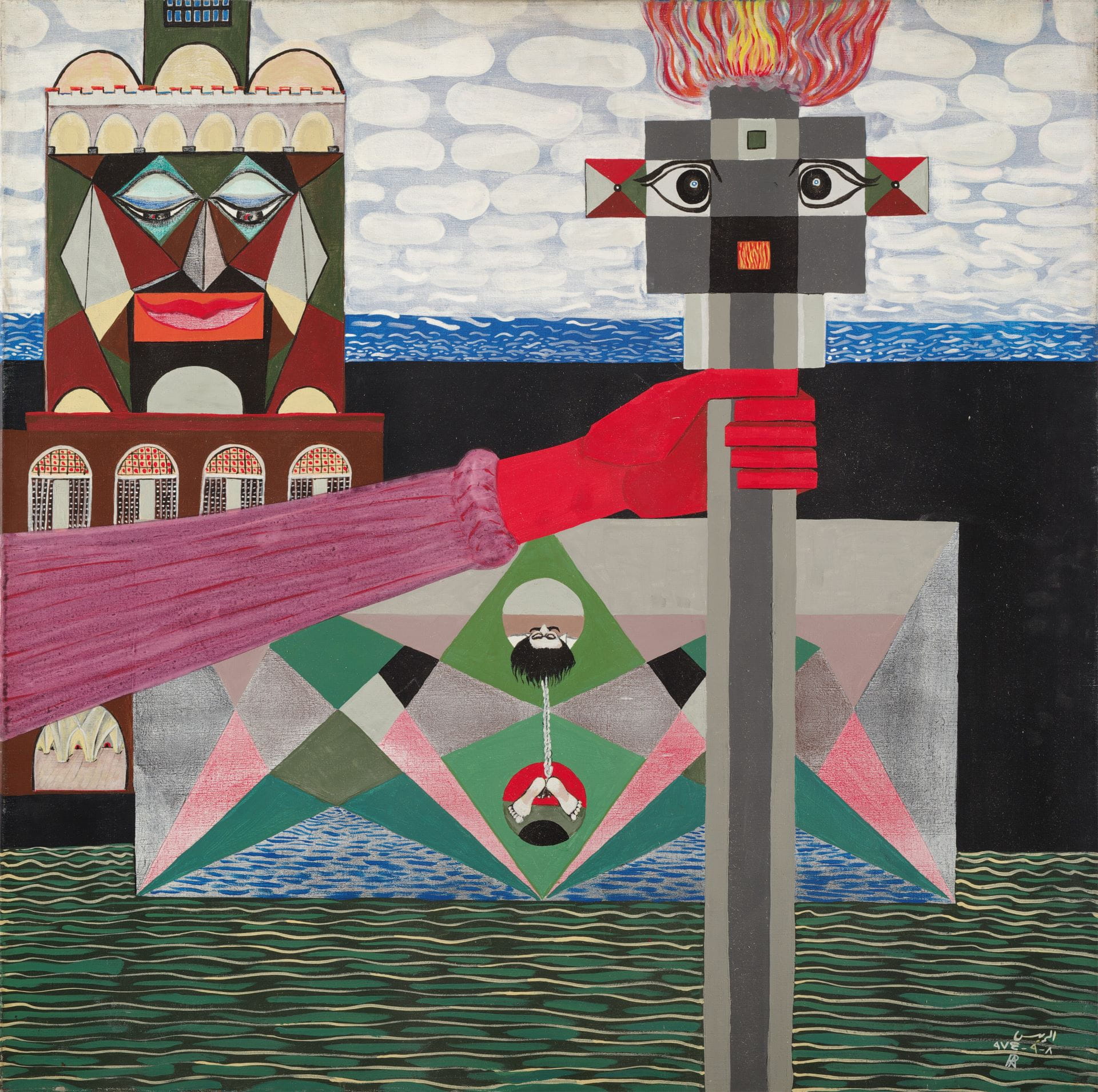 阿里夫．艾爾－拉耶斯（Aref El Rayess），《原油世界》（The World of Petrol），1973-74，100×99.5cm，油彩畫布。（圖片來源：Sotheby’s）
