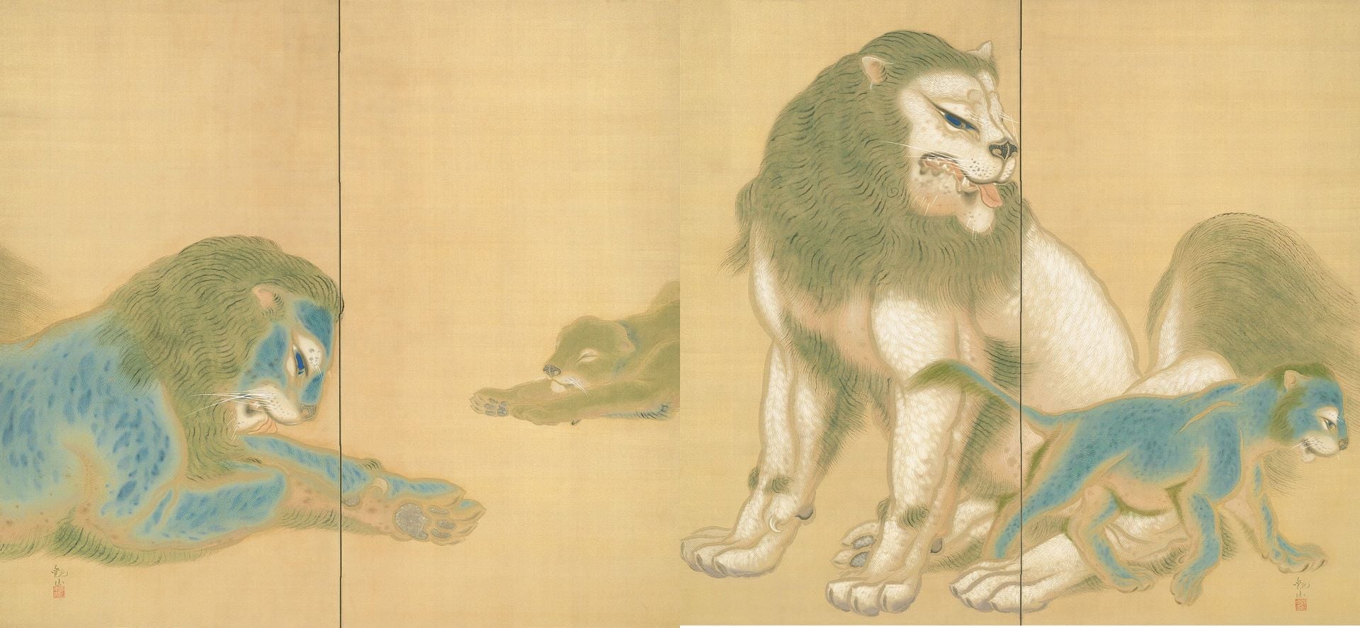 下村觀山,〈獅子圖屏風〉,1918,水野美術館藏。(東京國立近代美術館提供)