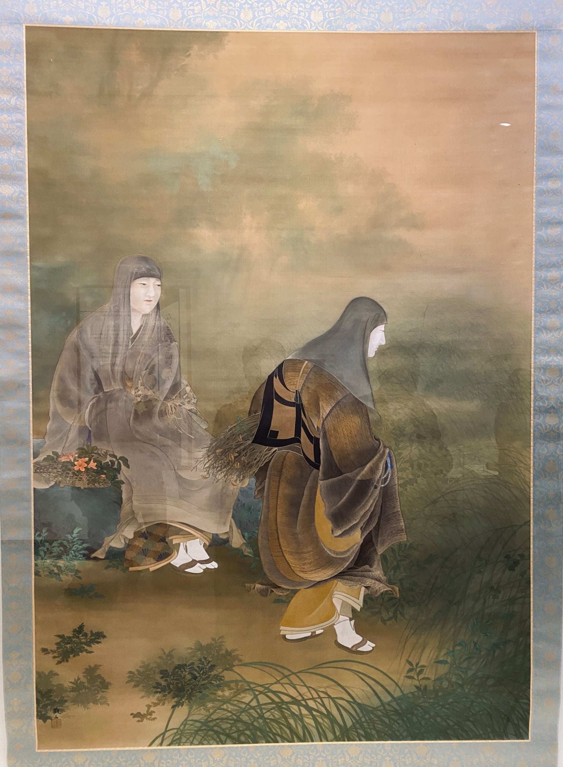 下村觀山,〈大原之露〉,1900,茨城縣近代美術館藏。大尺幅描繪為準備供養於山中採薪,仍不知法皇來訪,卻見皇輿駕臨時的困惑。(攝影/顏子軒)