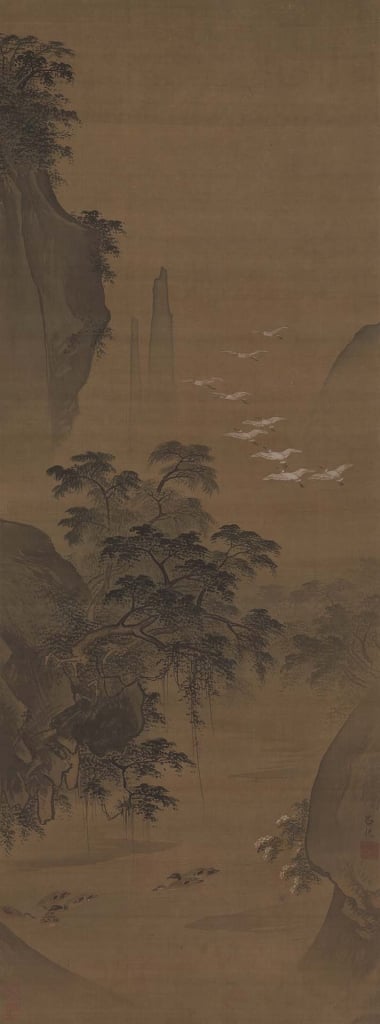 圖12 明15世紀晚期 呂紀〈秋景花鳥圖〉軸,絹本水墨設色,147.6×54.6公分,紐約大都會博物館藏。