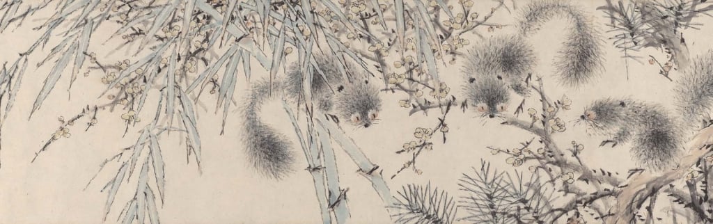 圖18 清 虛谷1894年作〈三友圖〉卷(局部),紙本水墨設色,26.7×155.5公分,紐約大都會博物館藏。