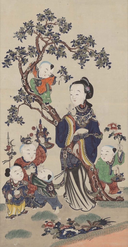 圖21 清乾隆1736至1795年間〈早生貴子圖〉軸,木版雕刻彩色印刷暨手繪,104×54公分,紐約大都會博物館藏。