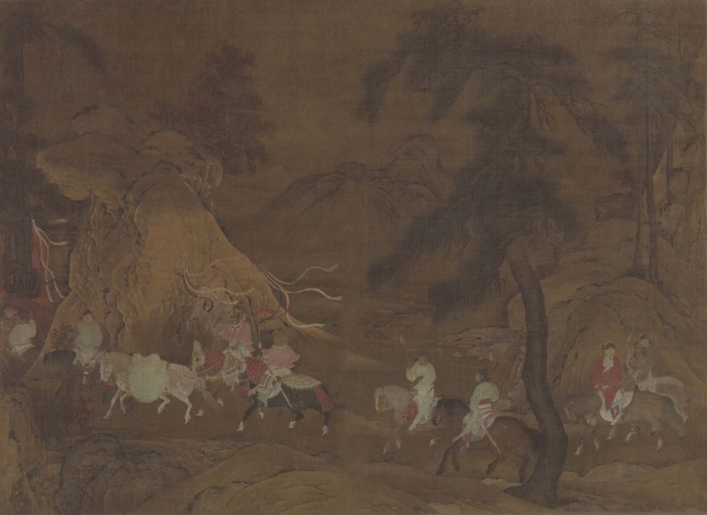 圖4 南宋12世紀中期 佚名〈明皇幸蜀圖〉軸,絹本水墨設色金彩,113.7×82.9公分,紐約大都會博物館藏。