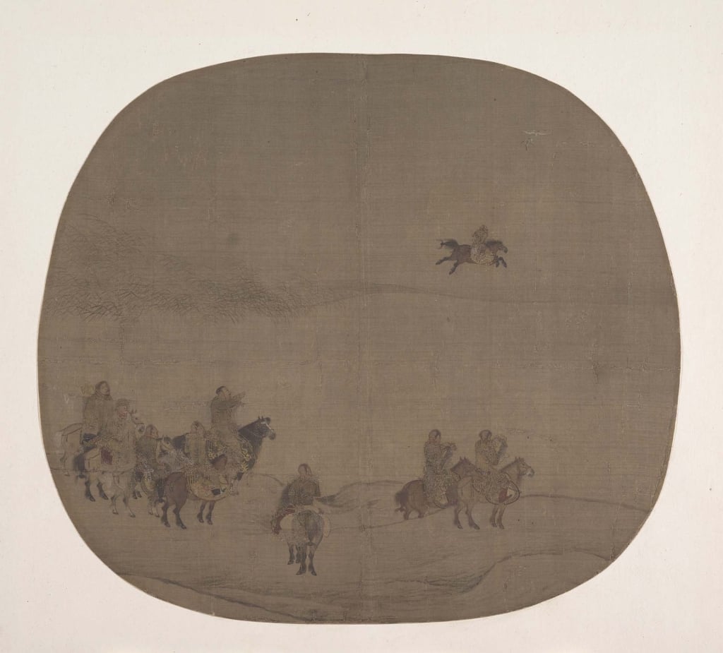 圖6 南宋13世紀早期 傳陳居中〈胡騎春獵圖〉團扇,絹本水墨設色,24.1×27.3公分,紐約大都會博物館藏。