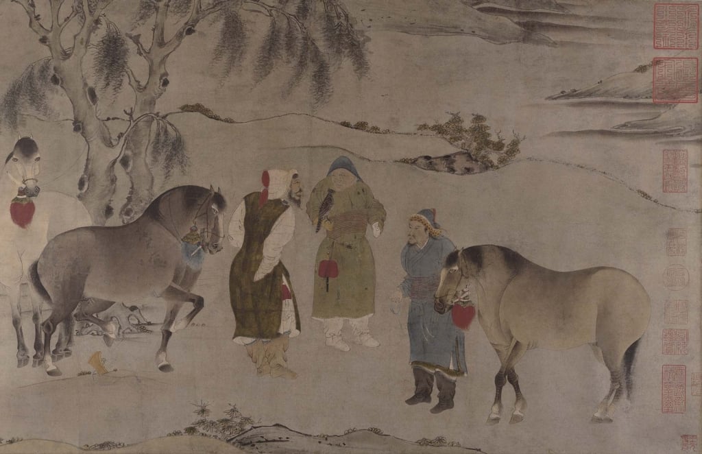 圖7 南宋/元13世紀佚名〈六馬圖〉卷(前段局部),紙本水墨設色,46.2×168.3公分,紐約大都會博物館藏。