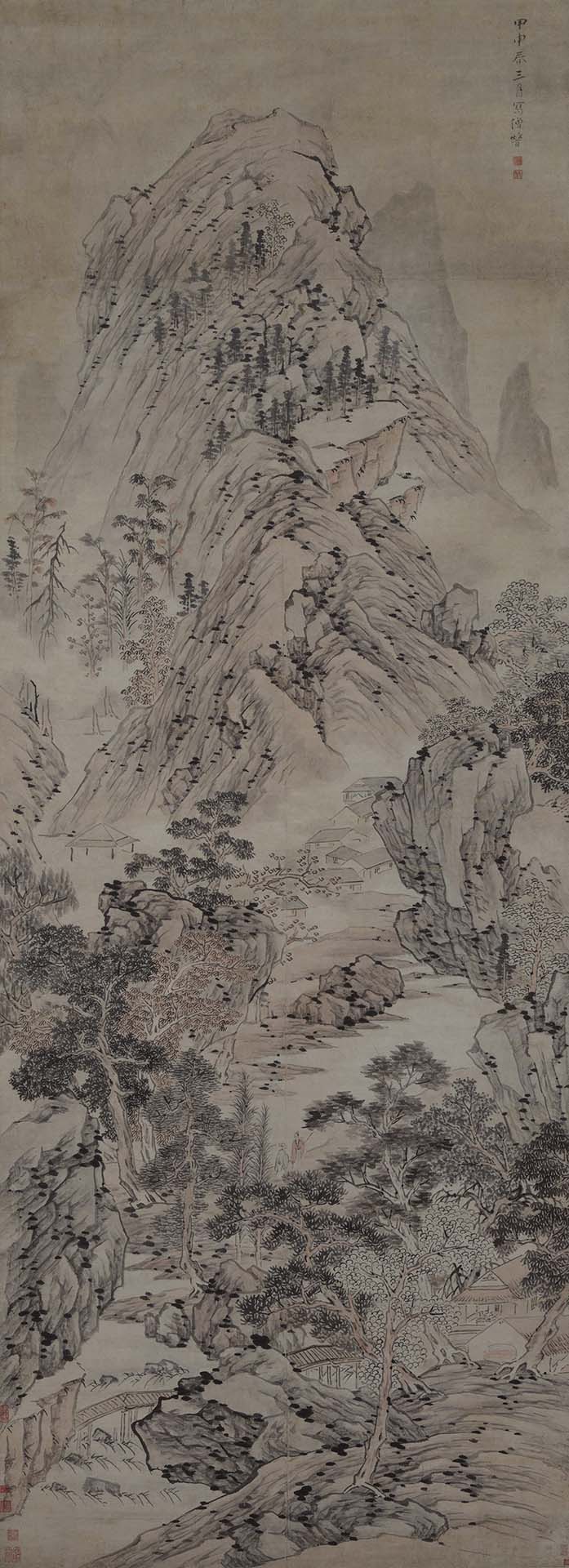 圖3 明末清初 七處1644年作〈山水〉，紙本水墨設色，294.4×107.3公分，香港藝術館至樂樓藏。