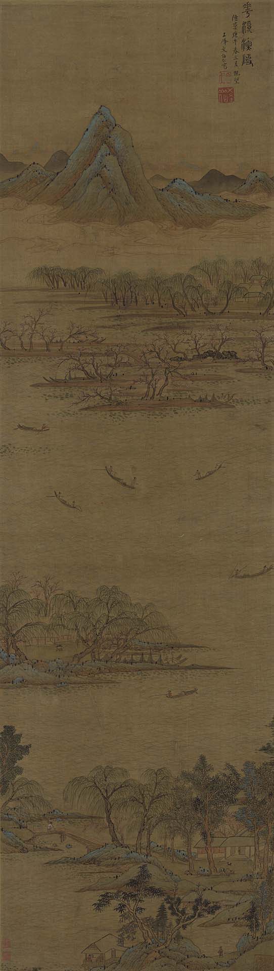 圖6 明 文伯仁1570年作〈花溪漁隱圖〉，絹本水墨設色，103.1×29.5公分，香港藝術館至樂樓藏。