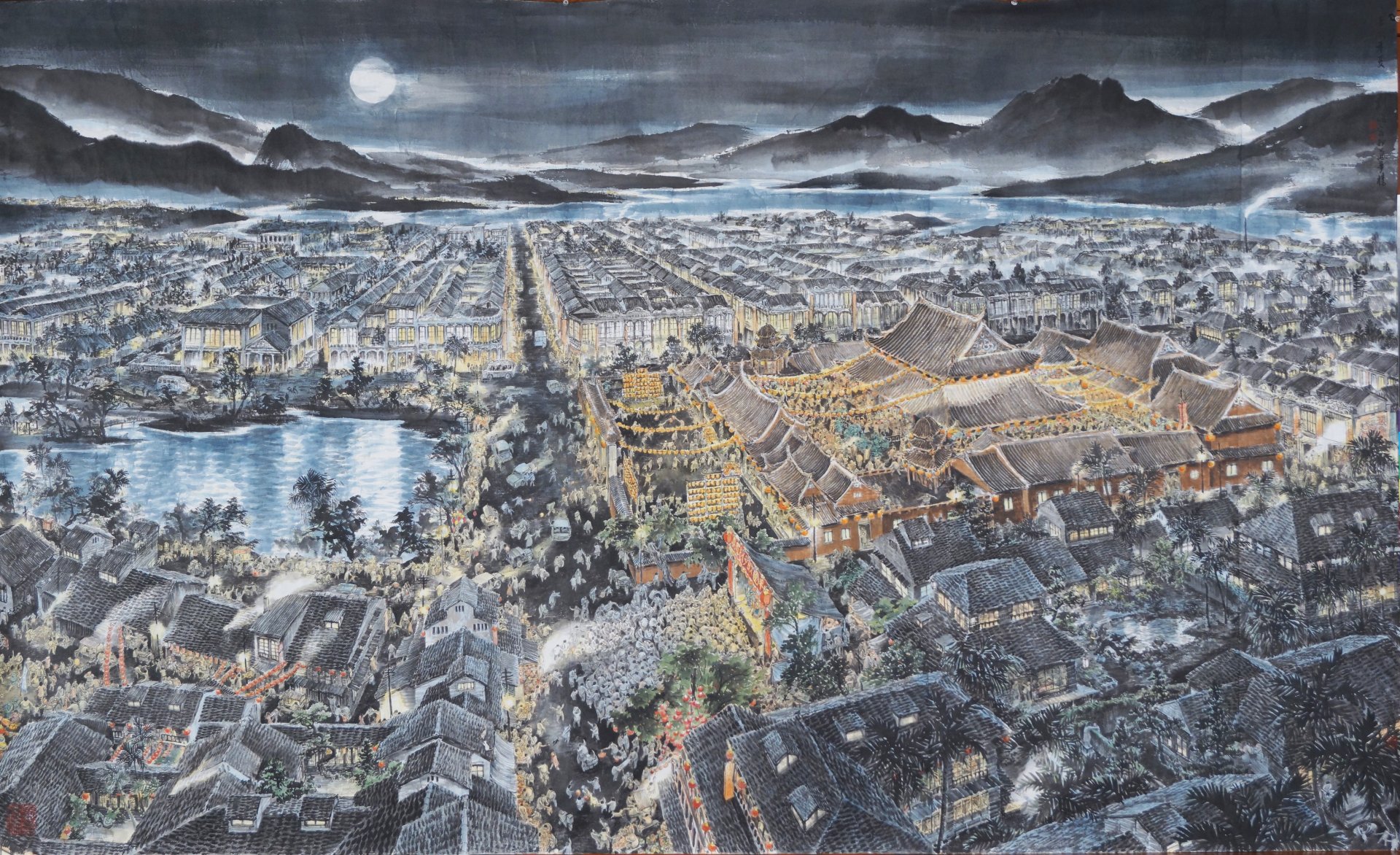 劉墉2012年〈龍山寺慶元宵〉，水墨設色紙本，143×235公分。劉墉提供。