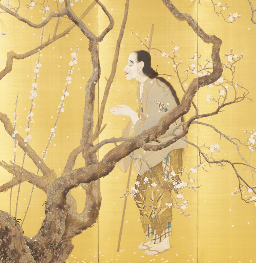 下村觀山,〈弱法師〉(局部),以細膩寫實的筆觸描繪人物的面容與雙手。