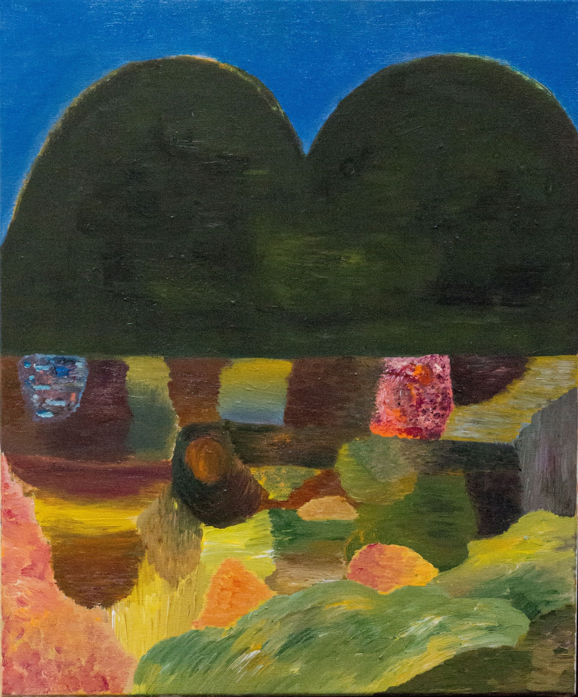 陳劭彥《山，湖，下午》，壓克力、畫布，45 x 37 cm，2026。（藝術家和也趣畫廊提供）