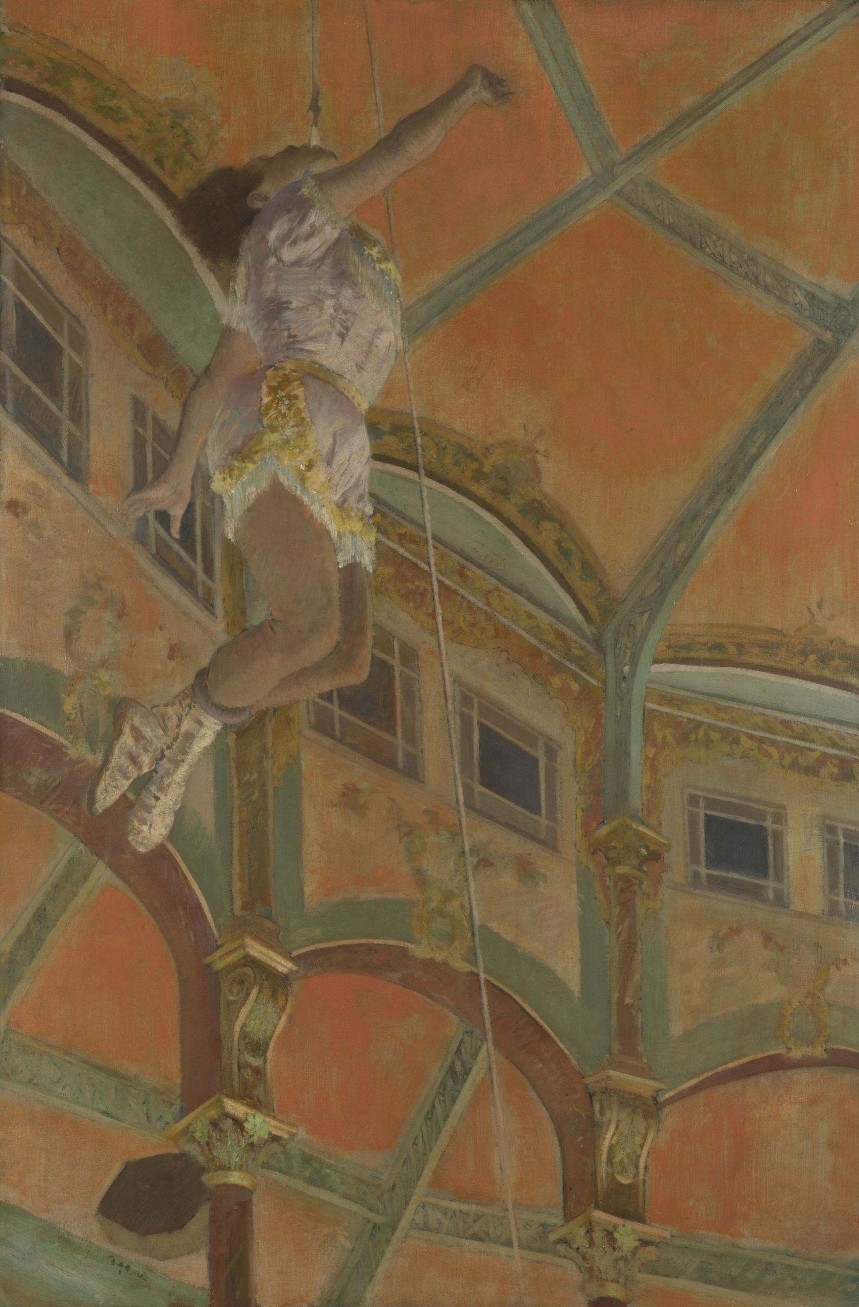 愛德加．竇加《費爾南多馬戲團的拉拉小姐》（Miss La La at the Cirque Fernando），1879，油彩畫布，117.2×77.5公分，倫敦國家美術館（National Gallery, London）藏。（…