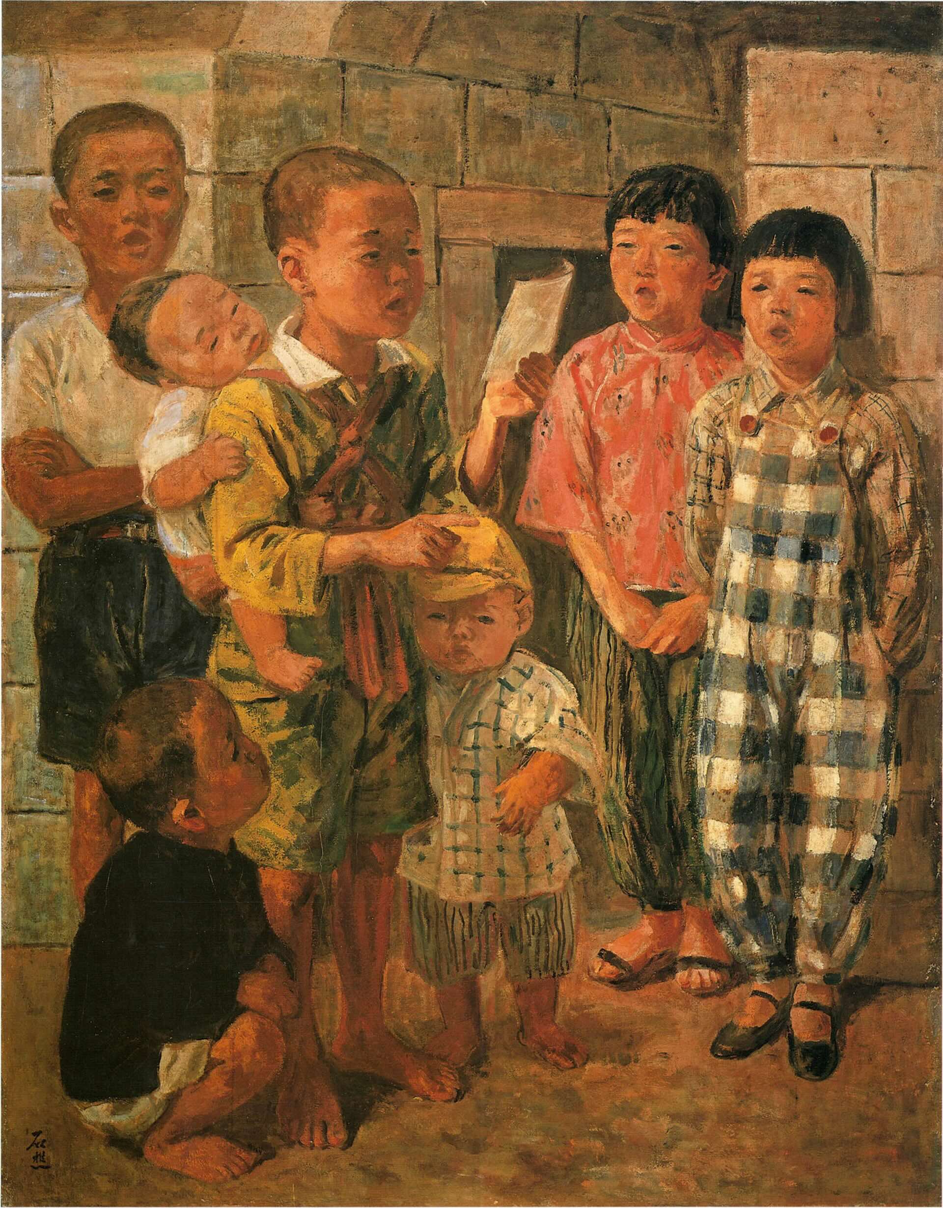 藝術家李石樵的作品《合唱》，太平洋戰爭空襲期間繪製的時局畫，以防空洞外七個孩童構成。（財團法人李石樵美術館基金會提供）
