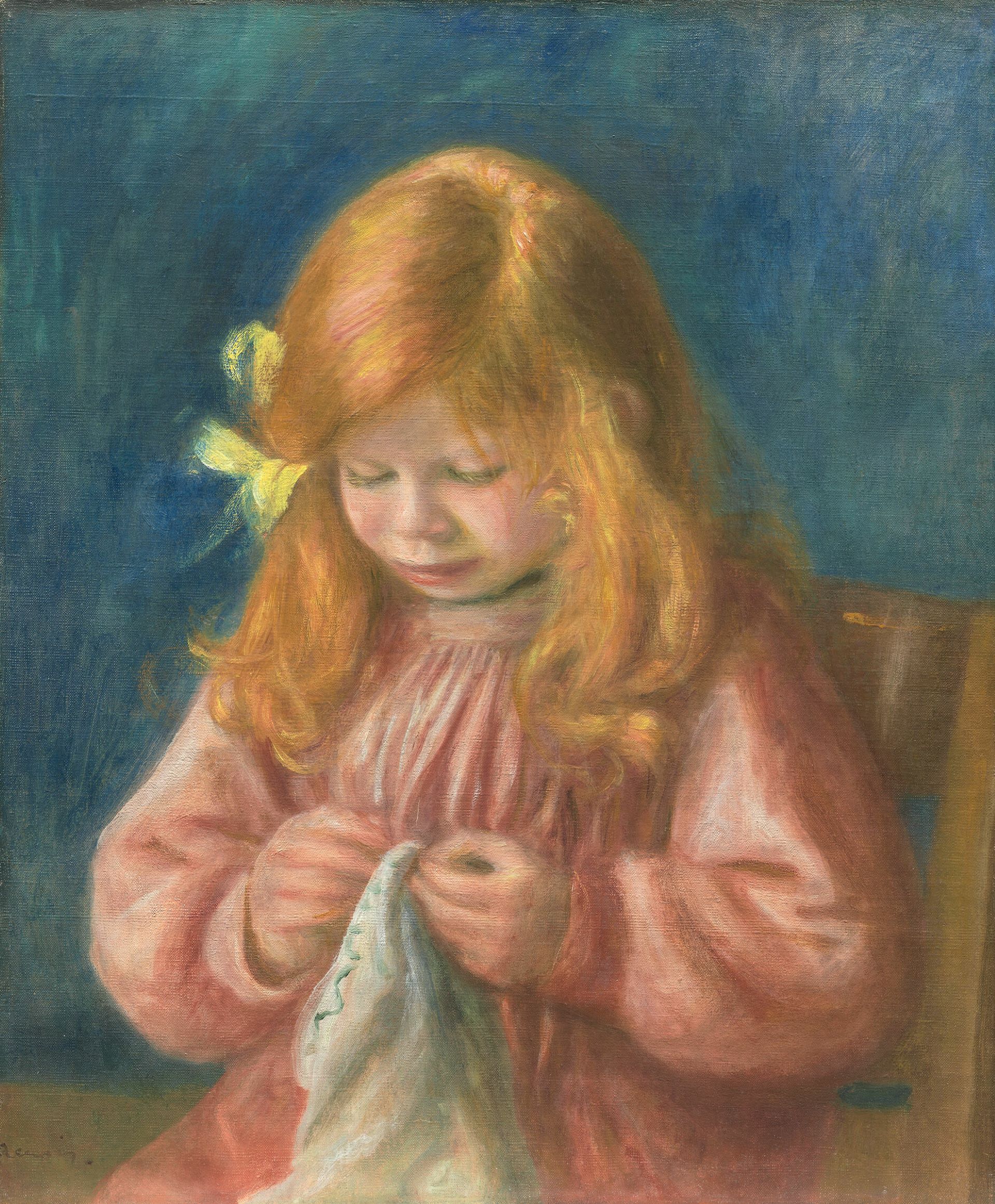 皮耶-奧古斯特．雷諾瓦《讓．雷諾瓦縫紉》（Jean Renoir Sewing），1898-1899，油彩畫布，55.4×46.5公分，芝加哥藝術博物館（Art Institute of Chicago）藏。（引自芝加哥藝術博物館…