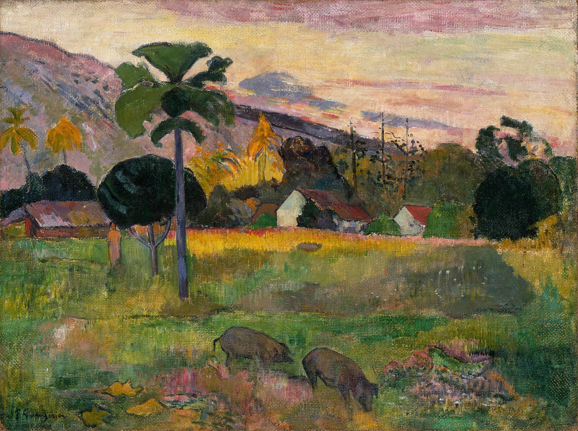 高更（Paul Gauguin）描繪大溪地的風景畫《哈耶雷．馬依（歡迎來此）》（Haere Mai），1891，72.5 × 92 cm，油彩畫布，古根漢美術館藏。（©古根漢美術館）
