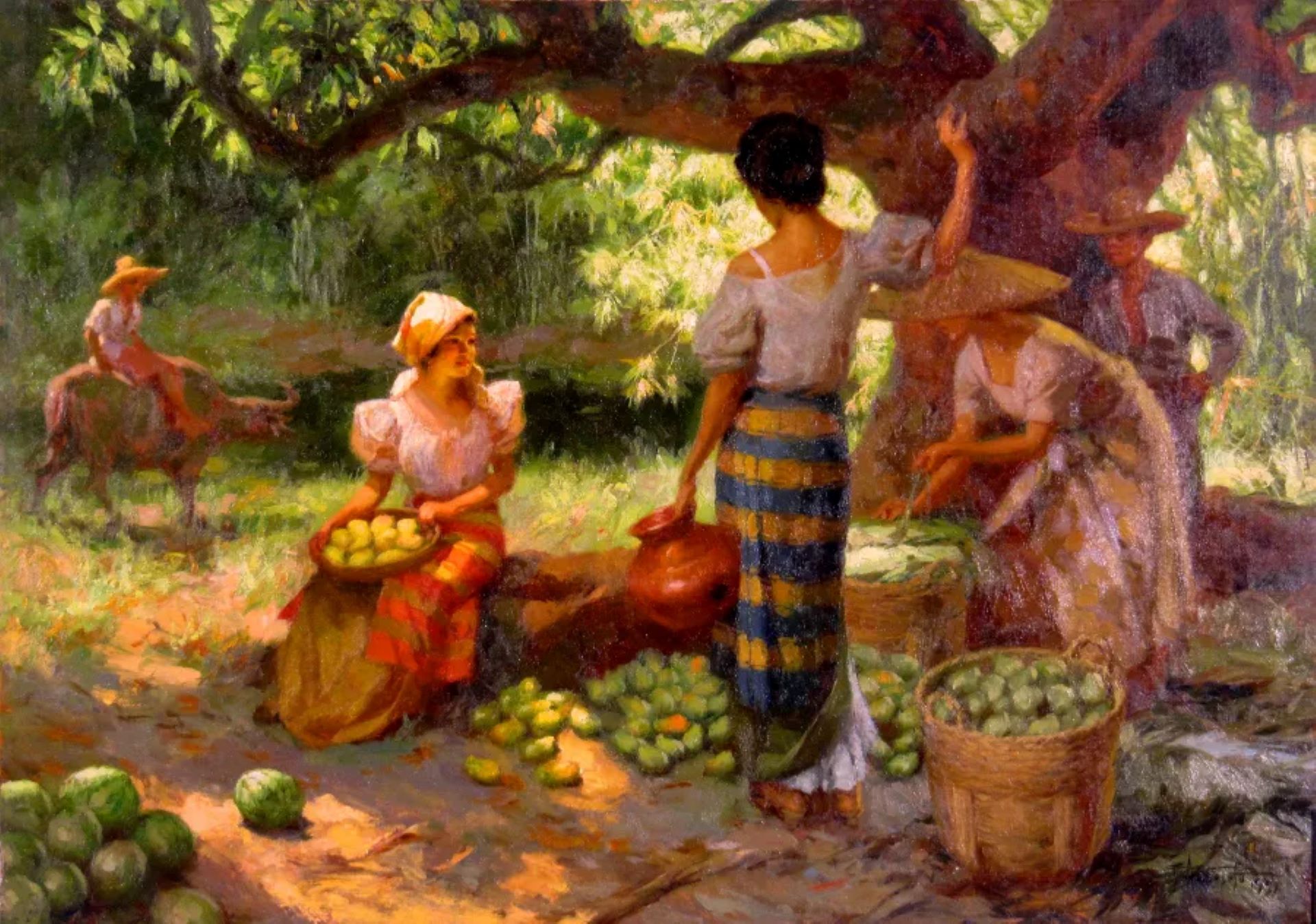 費爾南多．阿莫索羅（Fernando Amorsolo），《採芒果農》（Mango Pickers），1936，油彩畫布。（Kahimyang Project）