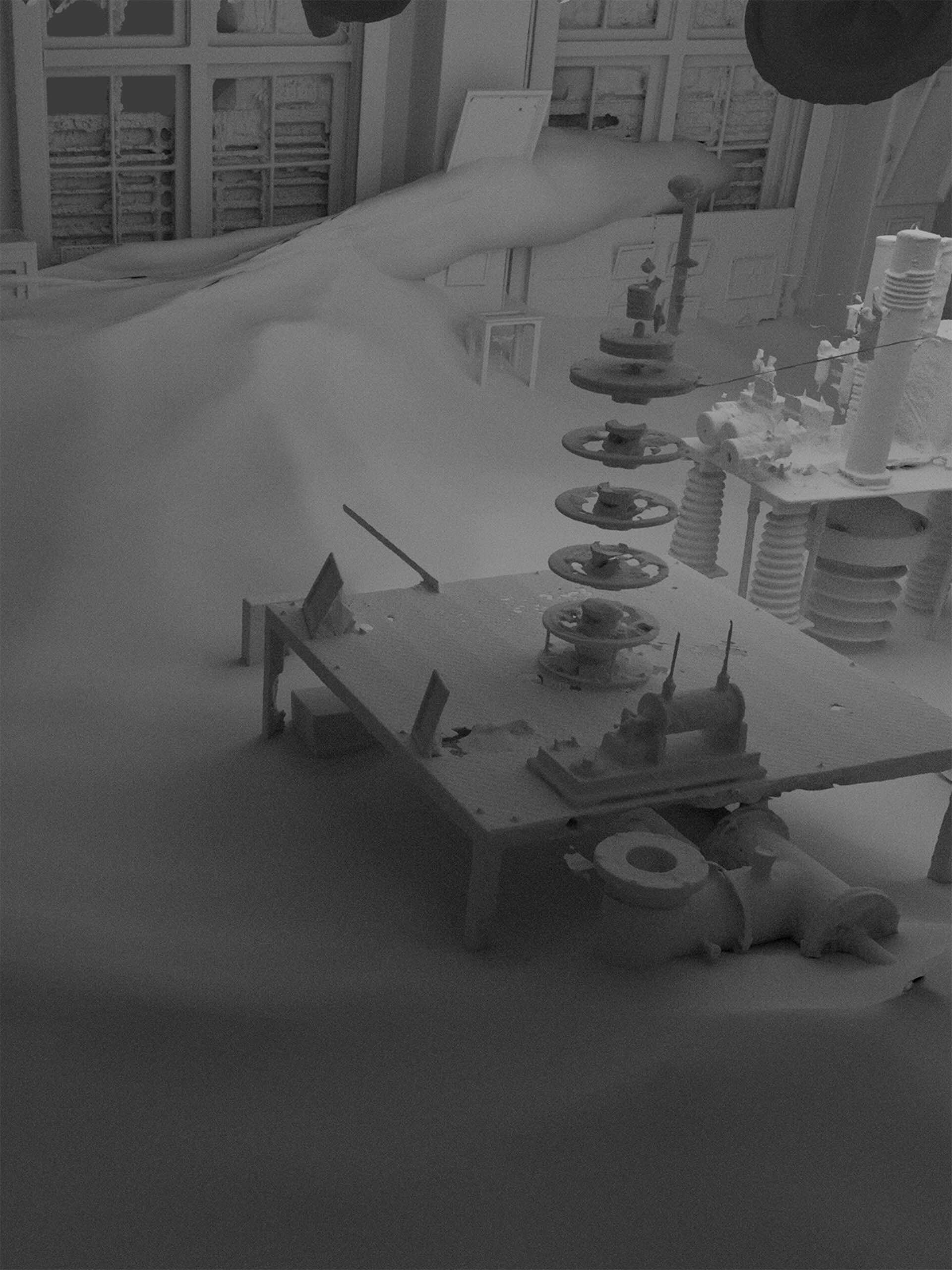 藝術家許哲瑜與陳琬尹的作品《加速器》，以3D掃描重構了一座直線粒子加速器，該加速器是日本物理學家在日本殖民臺灣的時期建造，戰後因美國防止日本核武的研究而拆除，藝術家透過數位重構回溯殖民時期的科學基礎設施（藝術家提供）