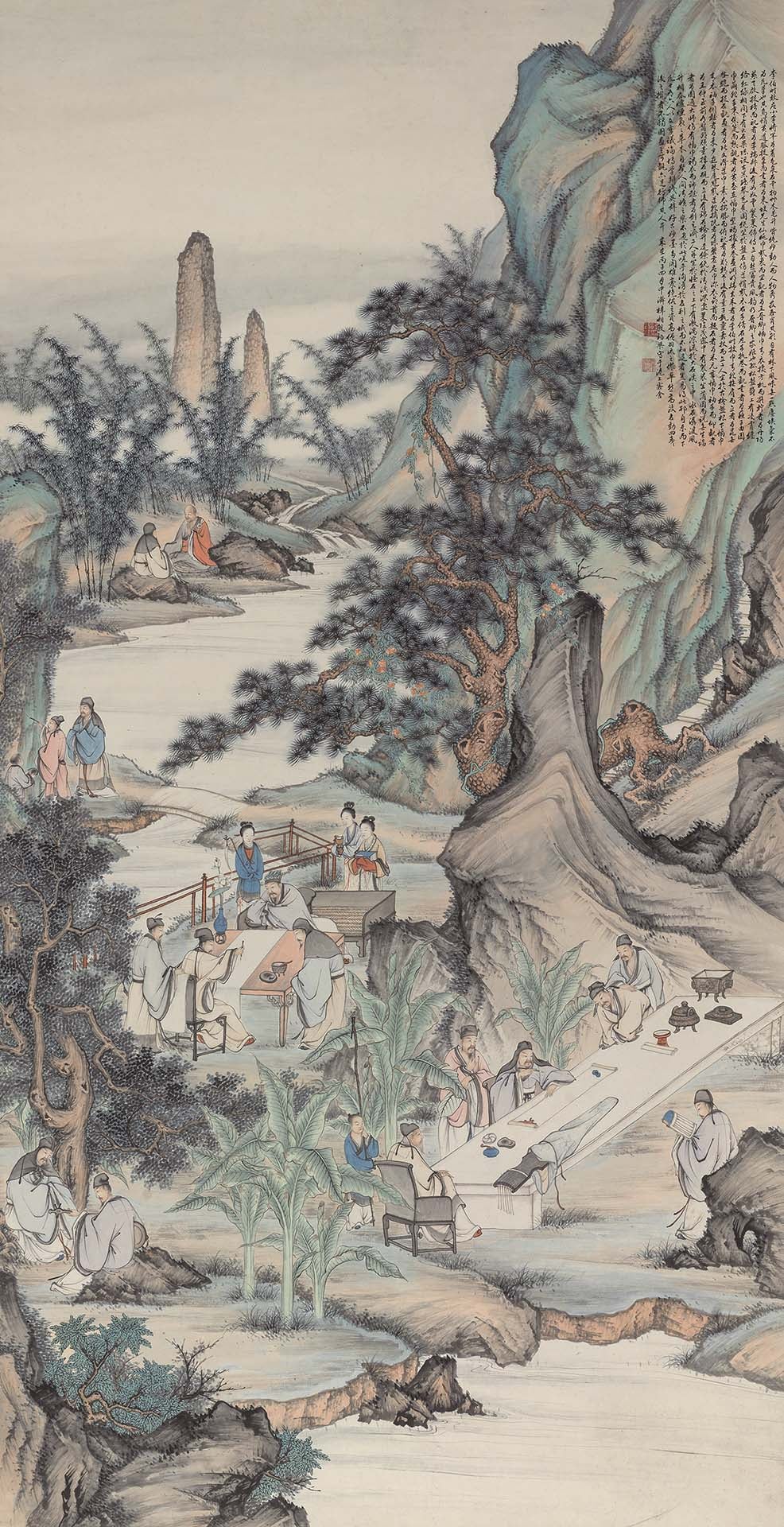 圖8 殷梓湘1936年六月作〈西園雅集〉，紙本設色，176×92公分，2024年香港嘉德秋拍，Lot 344。