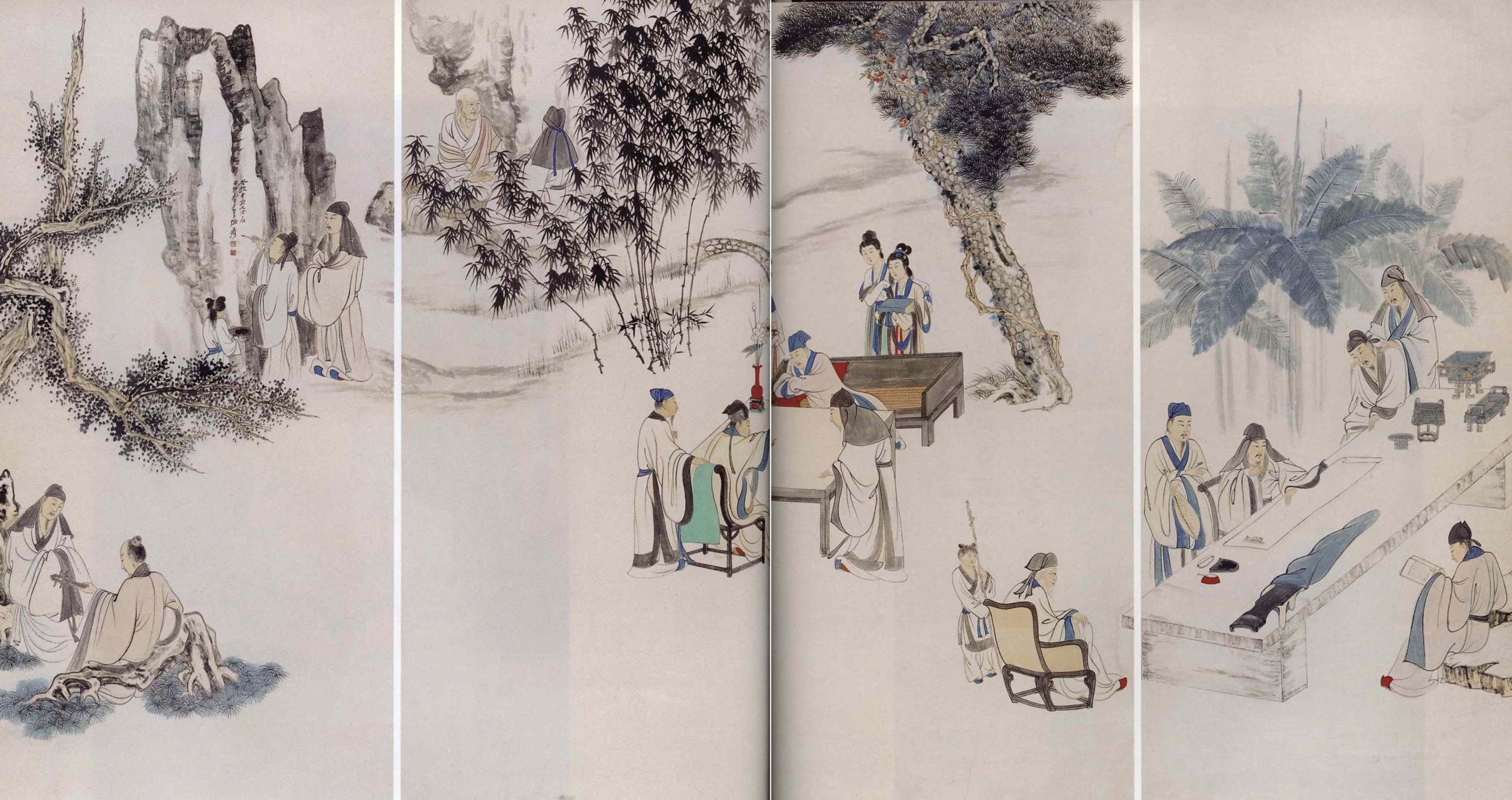 圖2 張大千1944年作〈西園雅集〉通景四屏，紙本設色，各164.8×82.1公分，四川博物院藏。