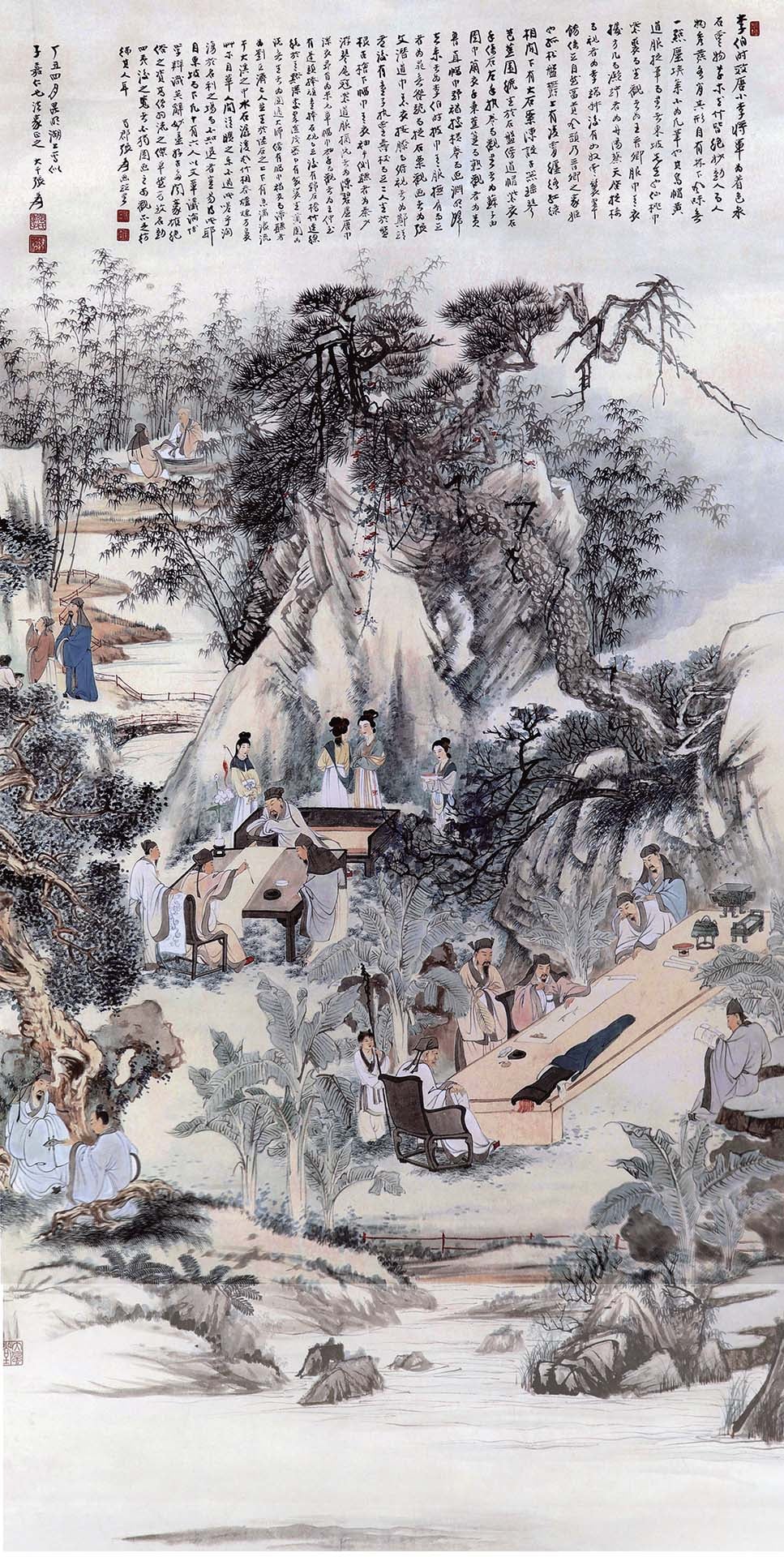 圖3 張大千1937年六月作〈西園雅集〉，紙本設色，173.3×88.9公分，天津博物館藏。