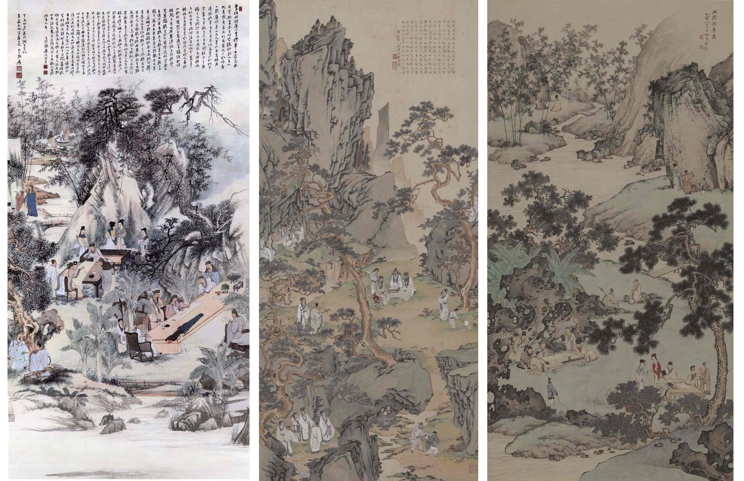 左：張大千1937年六月作〈西園雅集〉中：徐操〈西園雅集〉右：陳少梅1945年六月作〈西園雅集〉