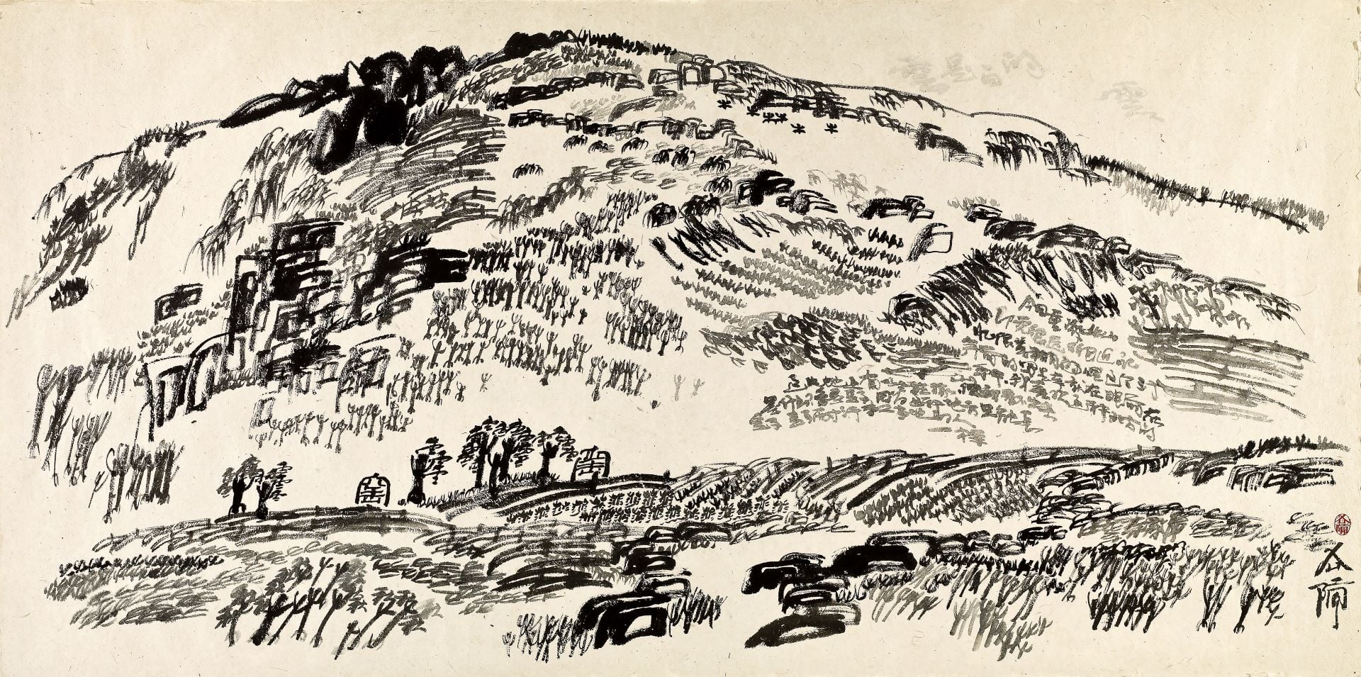 徐冰，《文字山水》，水墨 尼泊爾紙，150 × 300 cm，2004。預估價：11,000,000-22,000,000 新台幣。（羅芙奧提供）