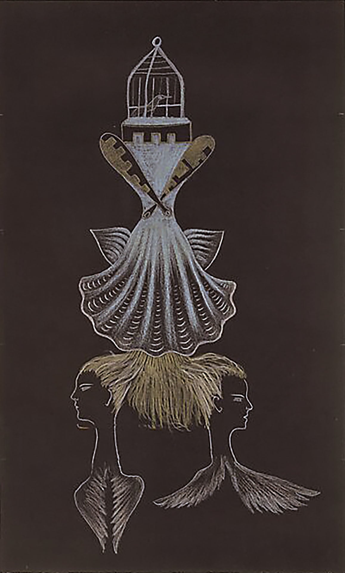 安德烈．布列東與瓦朗婷．雨果｜Cadavre exquis（Exquisite Corpse） 色鉛筆、黑紙 40.6×24.5 cm 932年作 Gift of James Pilgrim, 1984；© 2026 Artists Rig…