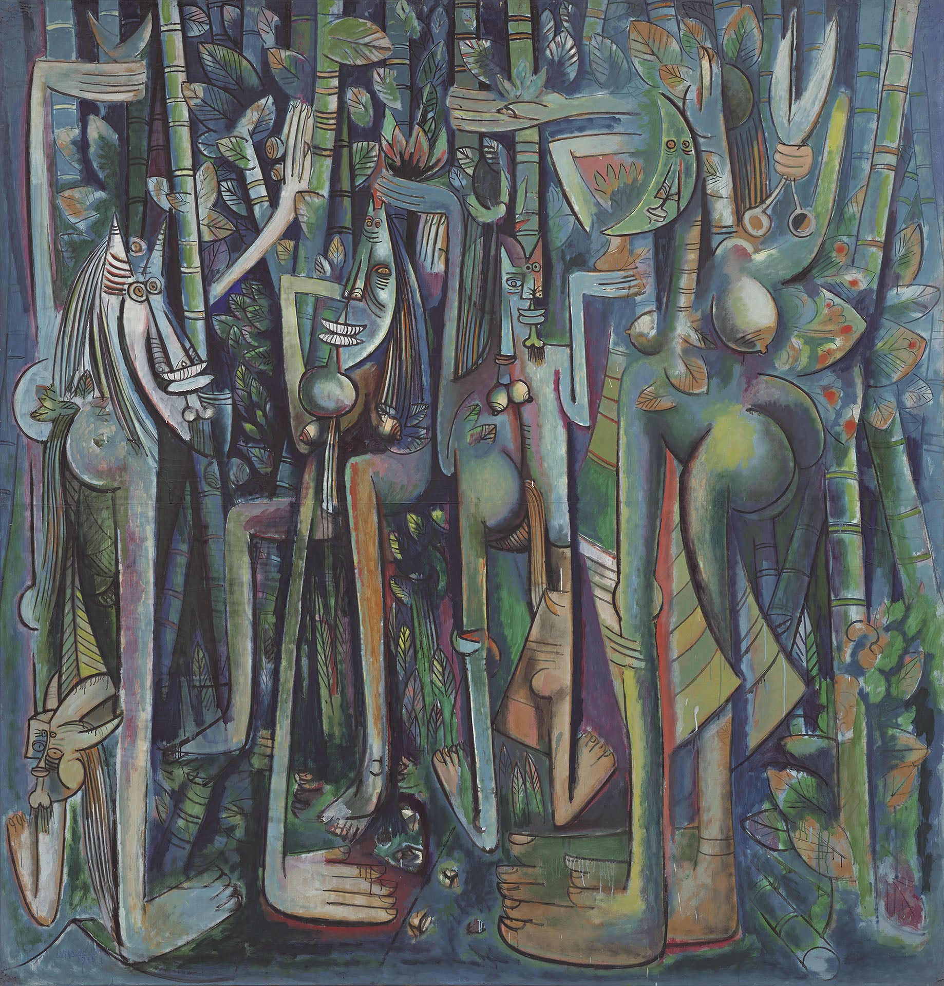 林飛龍｜叢林 油彩、炭筆、紙本裱貼於畫布 239.4×229.9cm 1942–1943年 The Museum of Modern Art, New York；© Succession Wifredo Lam／ADAGP, Paris／A…
