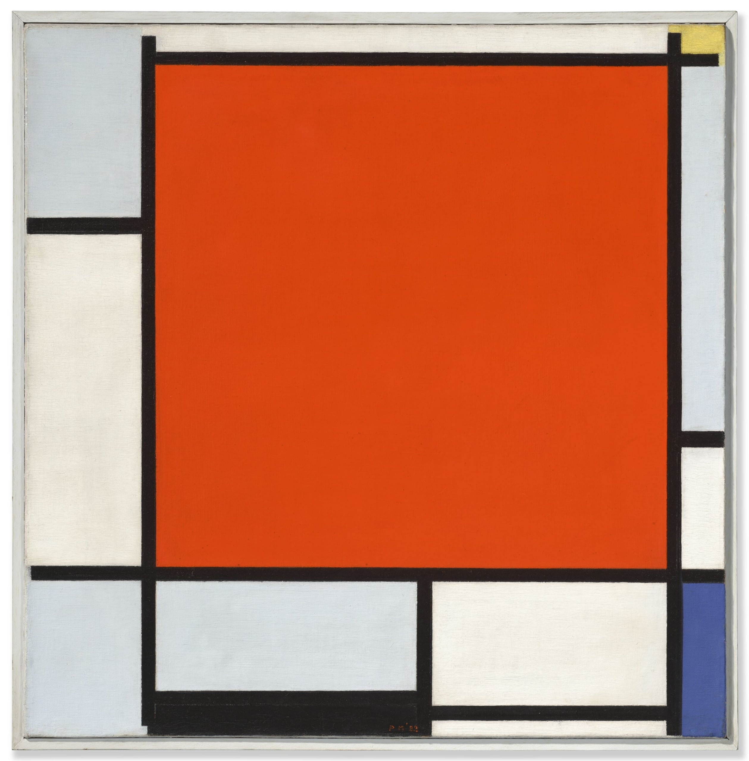 彼得．蒙德里安（Piet Mondrian），《構成：大紅面、藍灰、黃、黑與藍》（Composition with Large Red Plane, Bluish Gray, Yellow, Black and Blue），1922。李奧納…