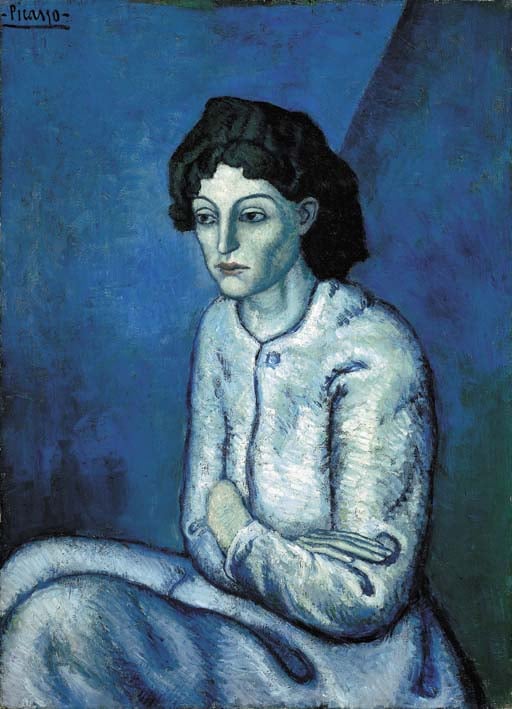 畢卡索（Pablo Picasso），《雙臂交叉的女人》（Femme aux bras croisés），1901–1902。（圖片來源／佳士得）。