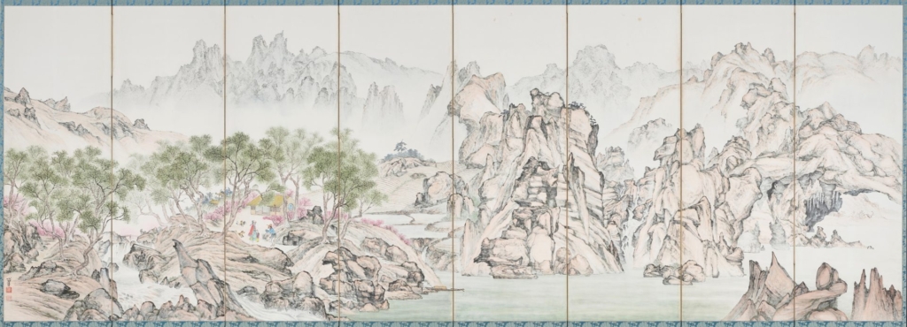 圖13 盧壽鉉1968年〈桃花源〉,八曲屏風,紙本水墨設色,148×404公分,韓國國立現代美術館藏。圖/芝加哥藝術博物館(Art Institute of Chicago)。