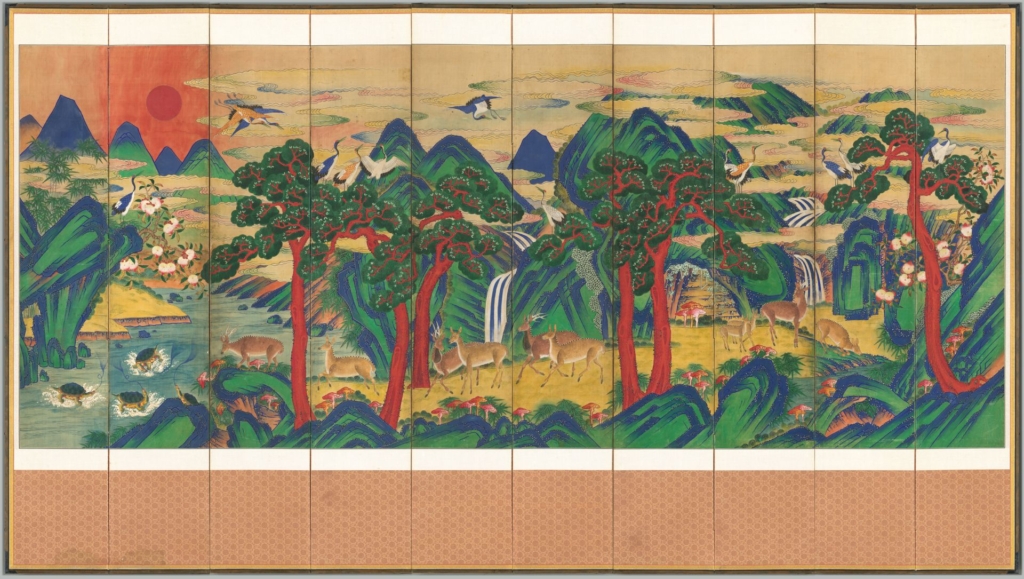 圖4 19世紀 傳圖畫署畫員〈十長生圖〉,十曲屏風,絹本水墨設色,151.7×370.7公分,韓國國立中央博物館藏。圖/芝加哥藝術博物館(Art Institute of Chicago)。