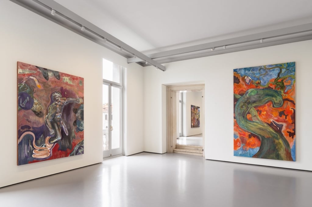 (from left to right) Michael Armitage, Nyayo, 2017, Private Collection; Witness, 2022, Courtesy of the artist and White…