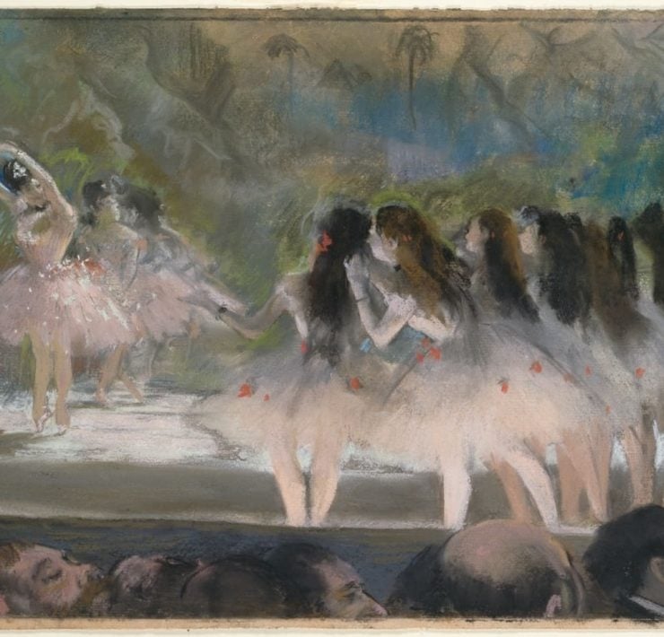 006-愛德加·竇加《巴黎歌劇院的芭蕾》（Ballet-at-the-Paris-Opéra），1877，粉彩與單版印刷，35.2x70