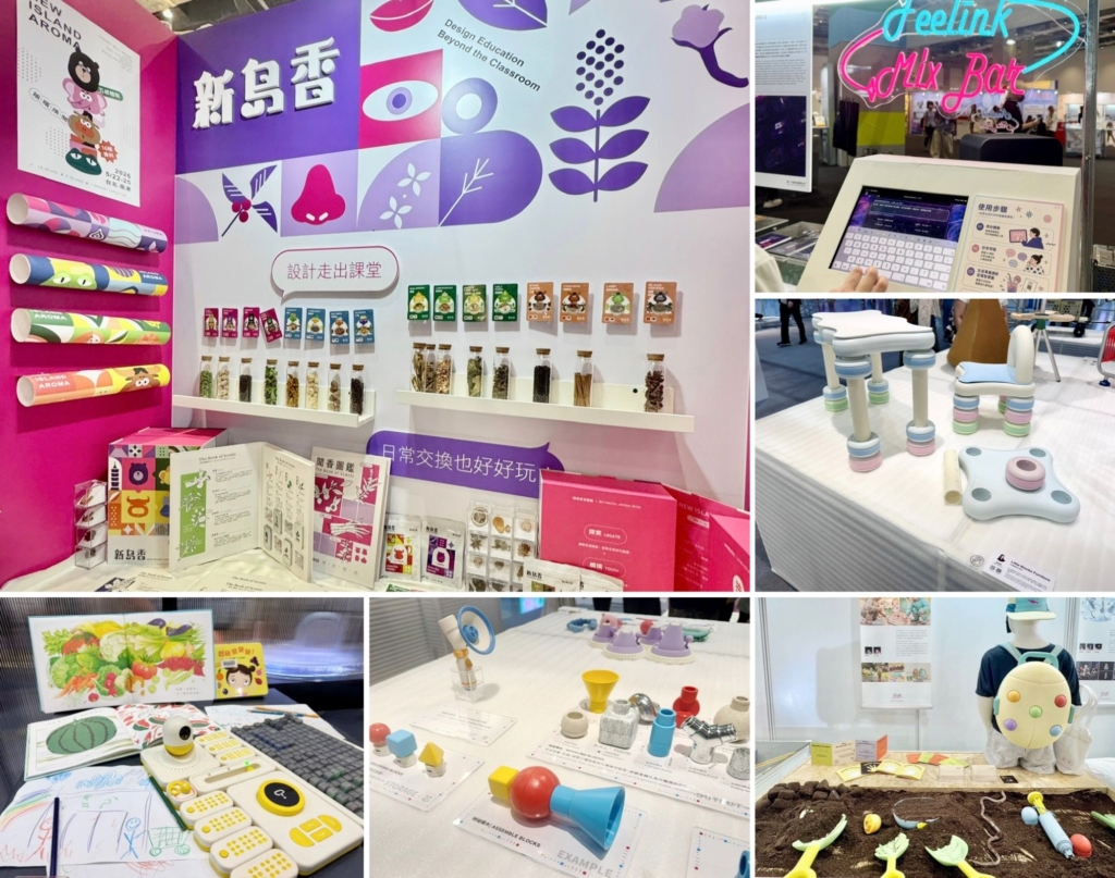 展場中可見多件以兒童、青少年、學習支持、情緒教育、食育、文化轉譯與生活處境為題的設計作品，顯示兒童與青少年相關議題正在被更多年輕設計者看見。（圖片來源：林宇儂）