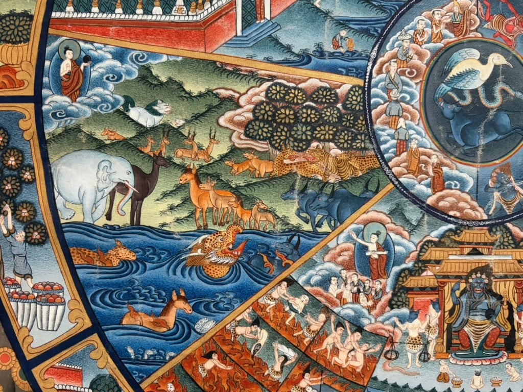 〈生死流轉圖（六道輪迴圖）〉局部，文化部蒙藏中心藏。