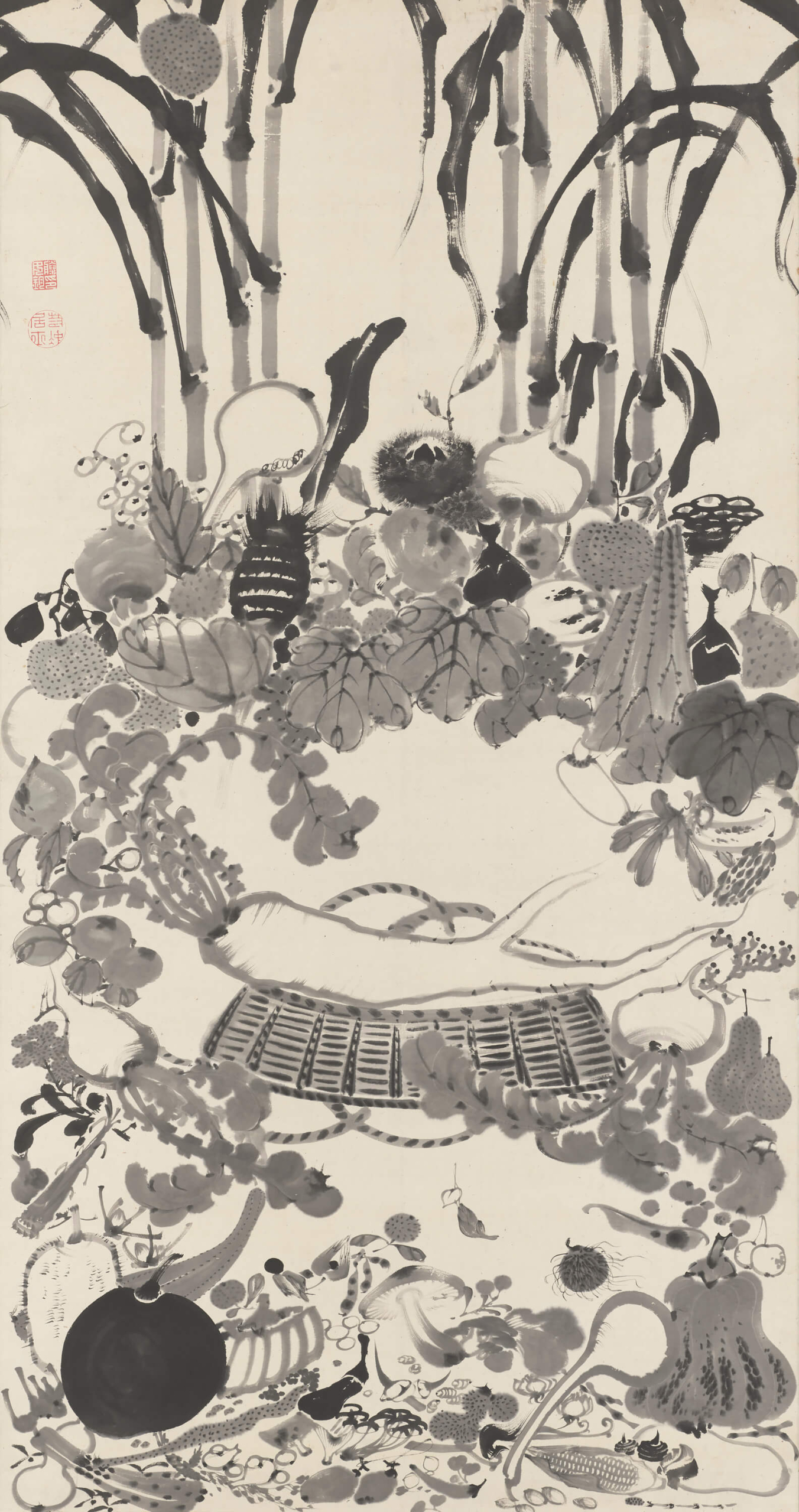 日本重要文化財 江戶時代〈果蔬涅槃圖〉，紙本水墨，182.4×96.3公分，京都國立博物館藏。圖取自ColBase。非本次展品。