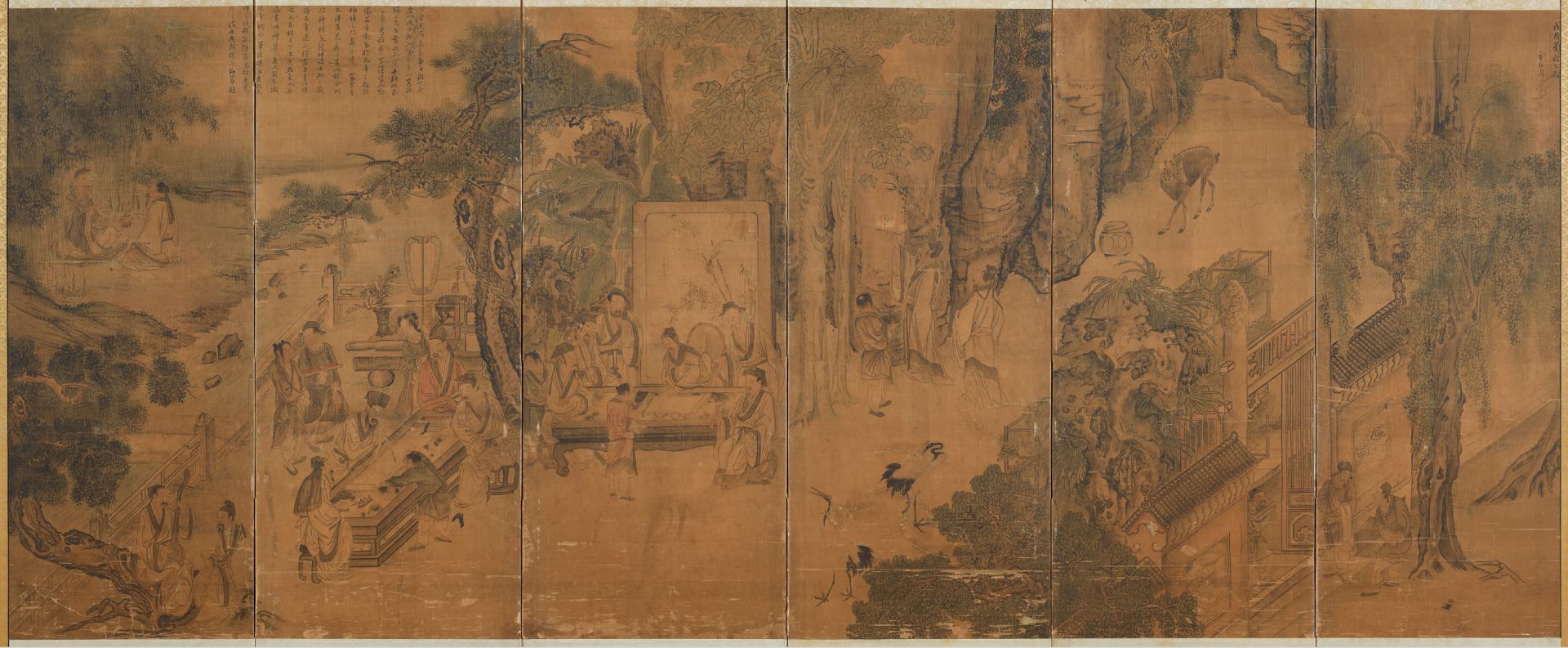 圖2 &nbsp;朝鮮時代 金弘道1778年作〈西園雅集圖〉，絹本淡彩六曲屏風，91.5×62.3公分，韓國國立中央博物館藏。