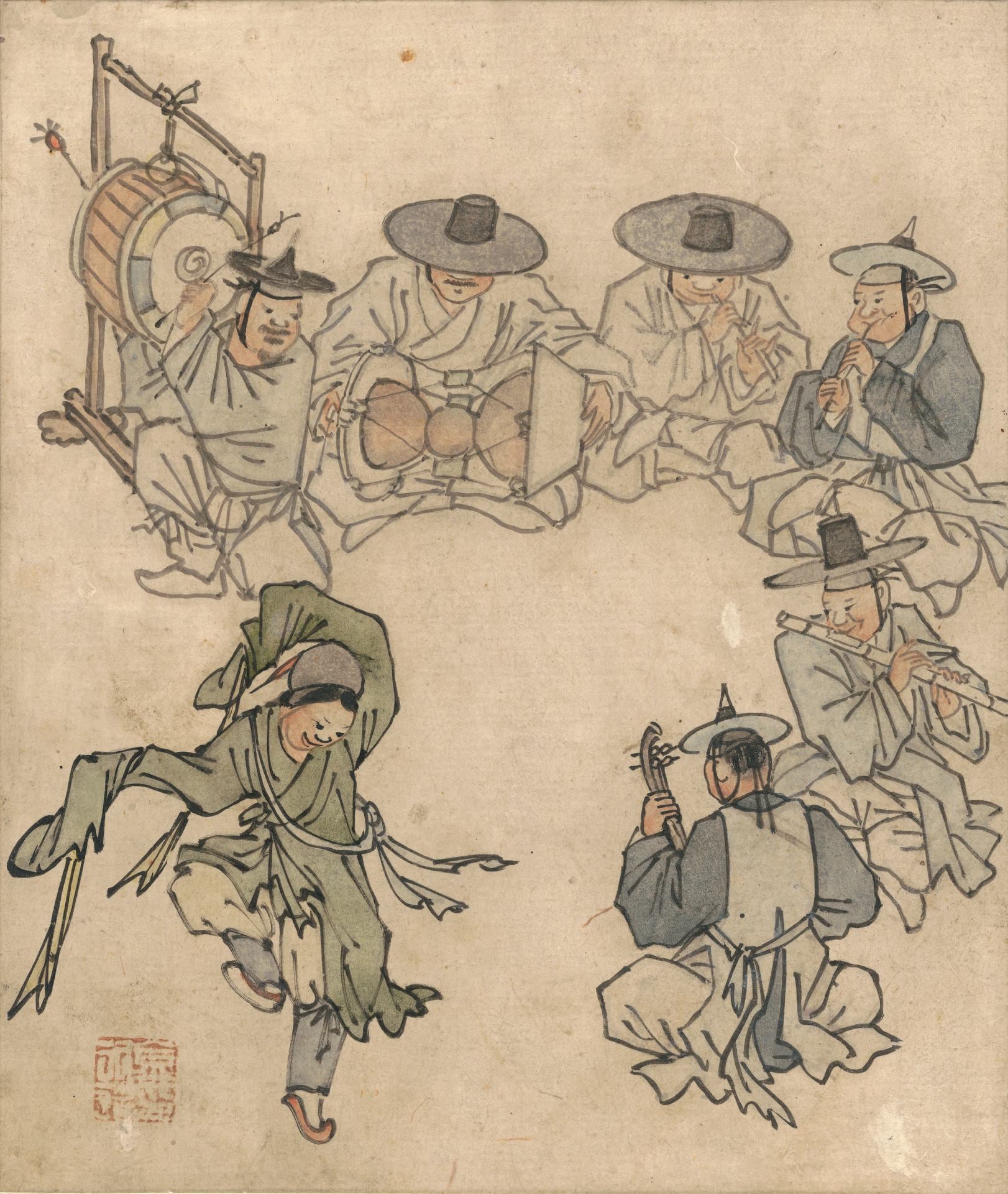 圖3 &nbsp;朝鮮時代18世紀後半 金弘道《檀園風俗圖帖．舞童》，紙本淡彩，26.8×22.7公分，韓國國立中央博物館藏。