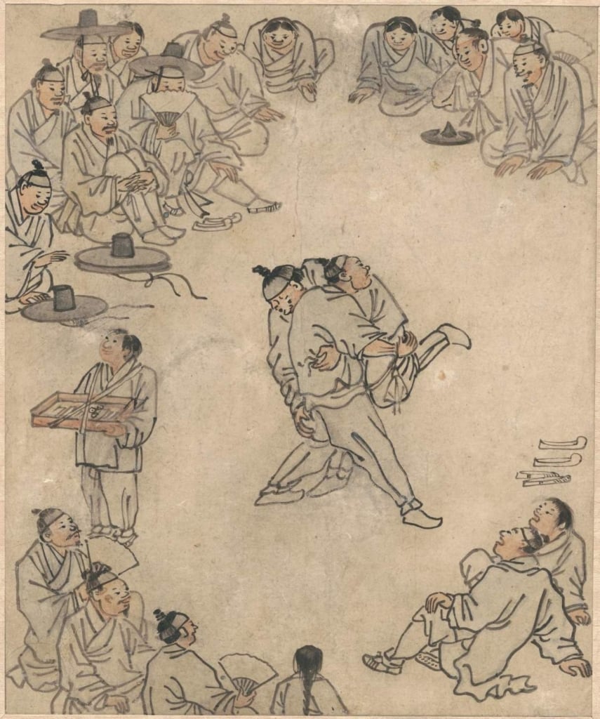 圖4&nbsp; 朝鮮時代18世紀後半 金弘道《檀園風俗圖帖．摔角》，紙本淡彩，26.9×22.2公分，韓國國立中央博物館藏。圖取自韓國國立中央博物館典藏資料庫。