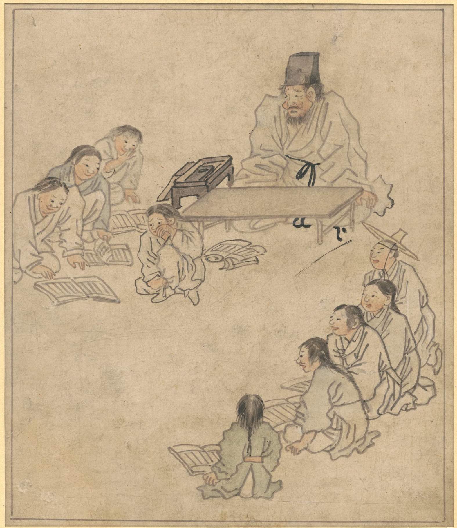 圖5&nbsp; 朝鮮時代18世紀後半 金弘道《檀園風俗圖帖．書堂》，紙本淡彩，26.9×22.2公分，韓國國立中央博物館藏。圖取自韓國國立中央博物館典藏資料庫。