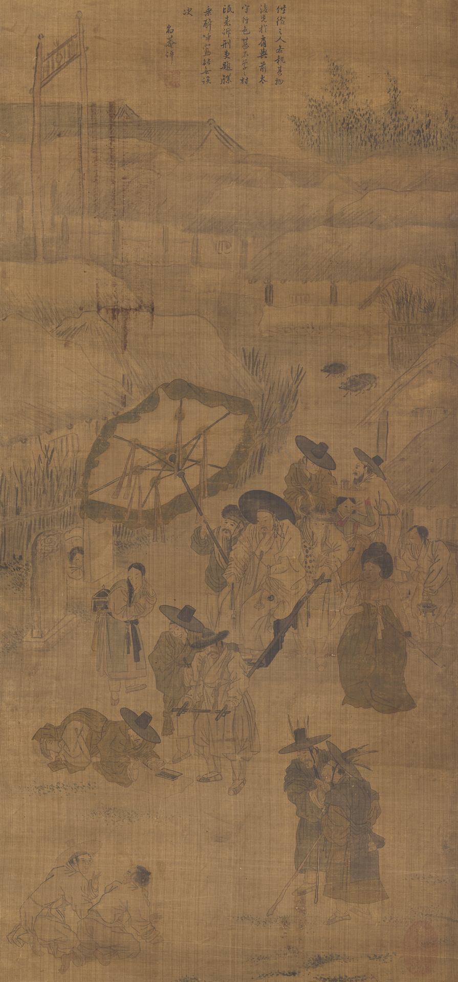 圖6 朝鮮時代 金弘道1778年作《行旅風俗圖屏．醉中訟事》，絹本淡彩八曲屏風，90.9×42.7公分，韓國國立中央博物館藏。圖取自韓國國立中央博物館典藏資料庫。
