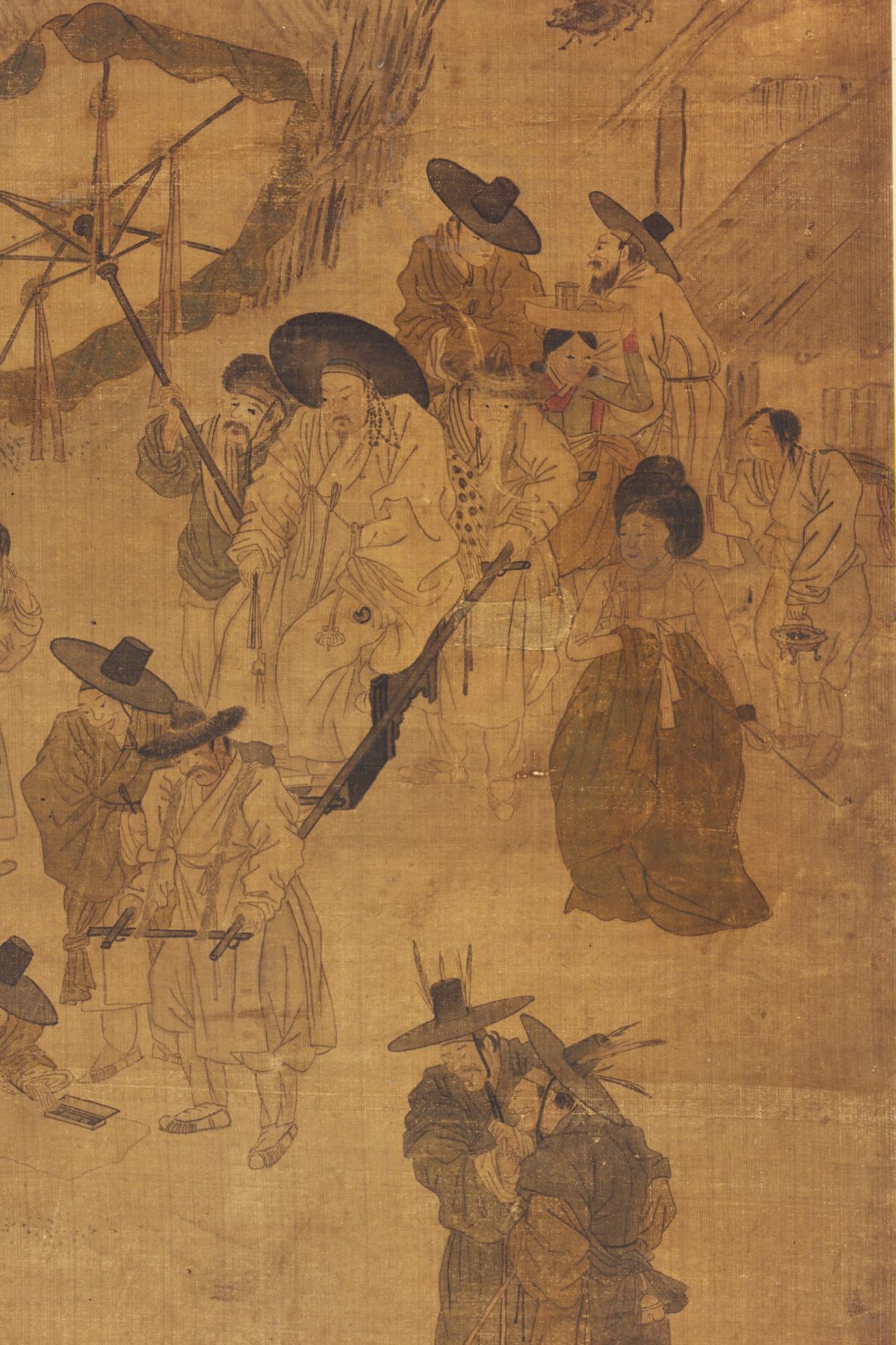 圖6 朝鮮時代 金弘道1778年作《行旅風俗圖屏．醉中訟事》局部，絹本淡彩八曲屏風，90.9×42.7公分，韓國國立中央博物館藏。圖取自韓國國立中央博物館典藏資料庫。