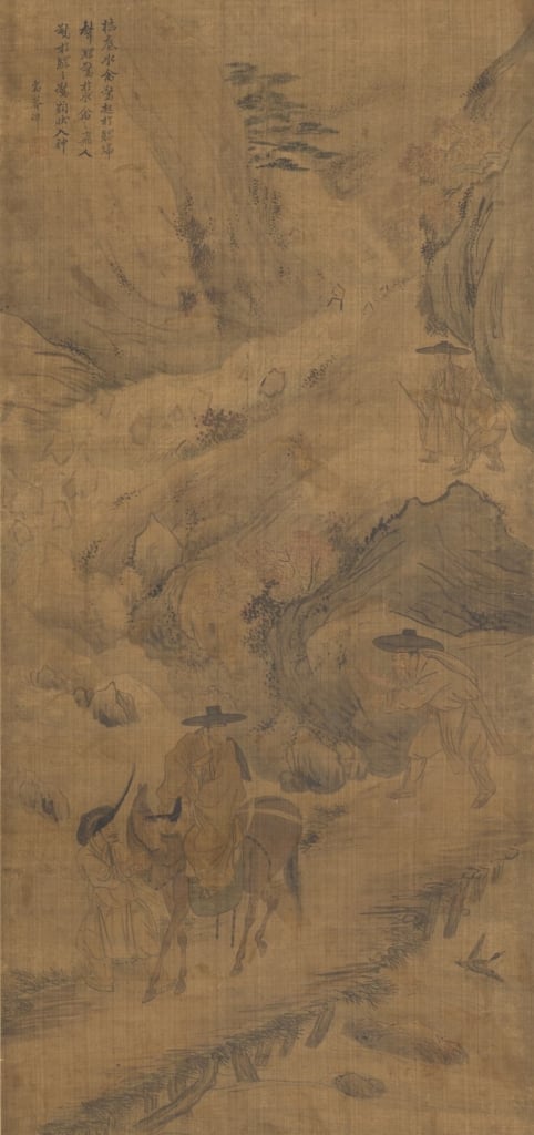 圖7 朝鮮時代 金弘道1778年作《行旅風俗圖屏．過橋驚客》，絹本淡彩八曲屏風，90.9×42.7公分，韓國國立中央博物館藏。圖取自韓國國立中央博物館典藏資料庫。
