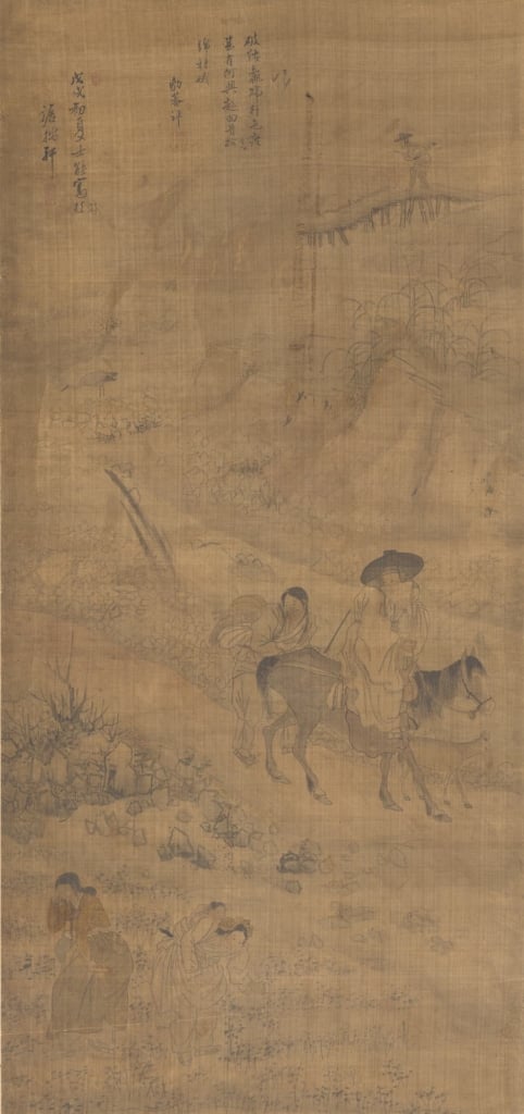 圖8 朝鮮時代 金弘道1778年作《行旅風俗圖屏．破鞍興趣》，絹本淡彩八曲屏風，90.9×42.7公分，韓國國立中央博物館藏。圖取自韓國國立中央博物館典藏資料庫。