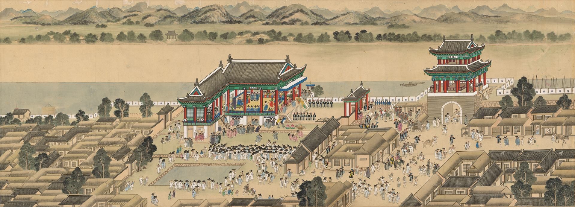 圖9-1 朝鮮時代19世紀 傳金弘道《平安監司饗宴圖．練光亭宴會圖》，紙本彩色，71.2×196.6公分，韓國國立中央博物館藏。