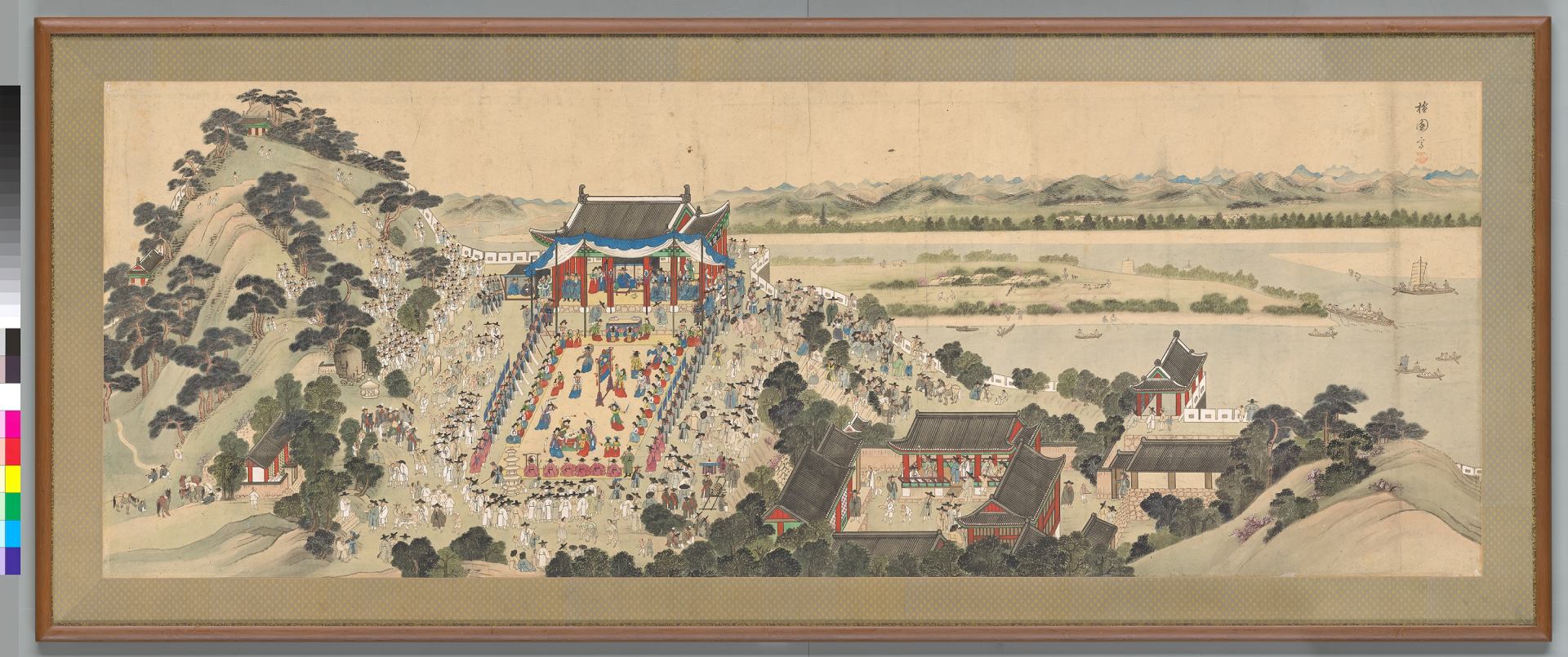 圖9-2 朝鮮時代19世紀 傳金弘道《平安監司饗宴圖．浮碧樓宴會圖》，紙本彩色，71.2×196.6公分，韓國國立中央博物館藏。圖取自韓國國立中央博物館典藏資料庫。