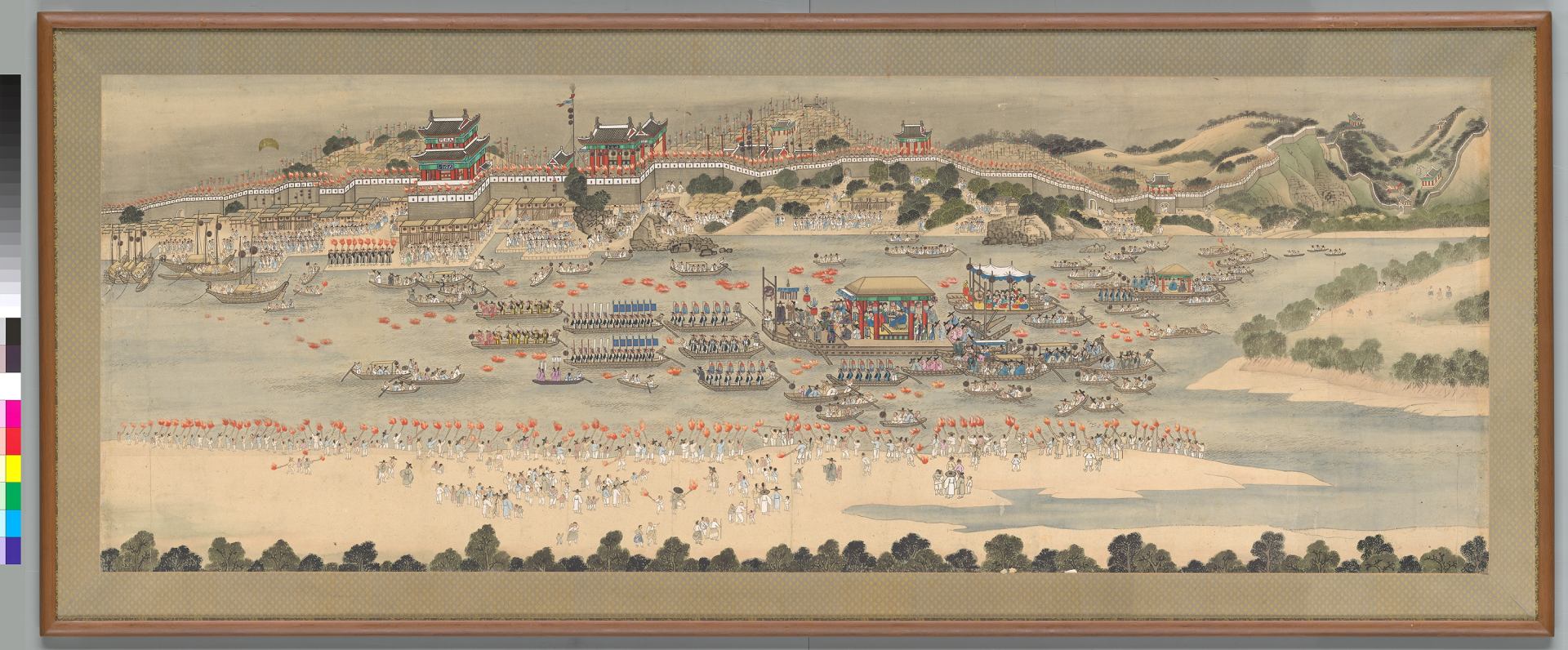 圖9-3 朝鮮時代19世紀 傳金弘道《平安監司饗宴圖．月夜船遊圖》，紙本彩色，71.2×196.6公分，韓國國立中央博物館藏。圖取自韓國國立中央博物館典藏資料庫。
